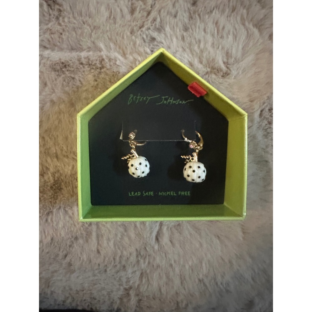 Betsey Johnson Halloween White Polka Dot Pumpkin Huggie Drop Earrings NIB